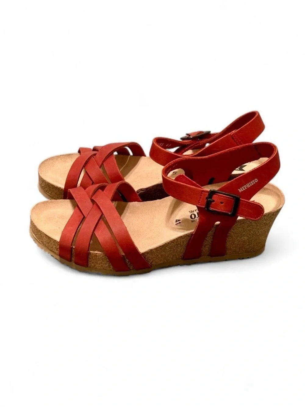 NWOT MEPHISTO AIR-RELAX Red Leather Wedge Sandals
